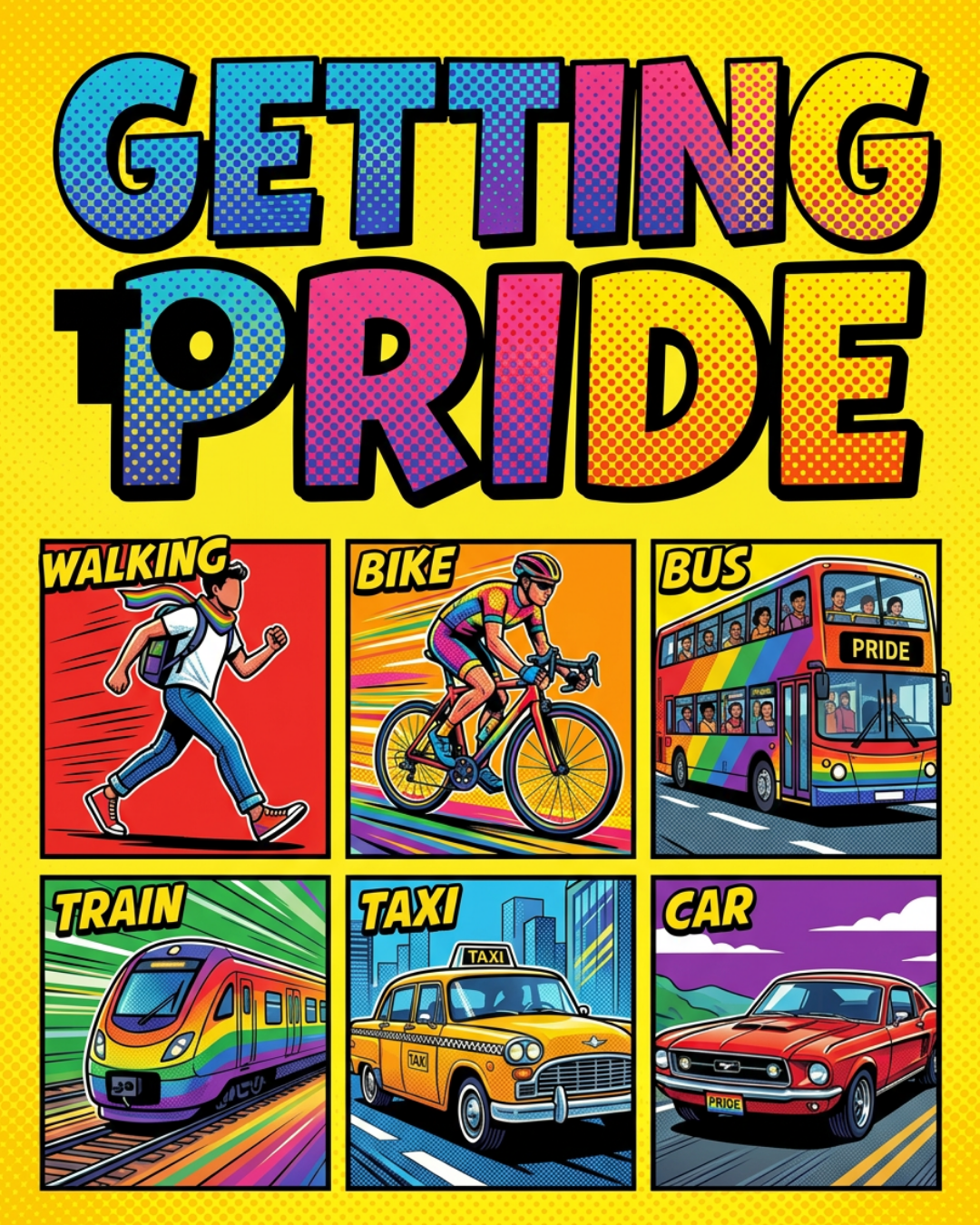 Colorful “GETTING PRIDE” poster with transport icons: walking, bike, bus, train, taxi, and car.